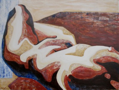 Gemälde in Acryl mit abstrakter Darstellung eines Rückenaktes in Blau, Ocker und Gelb